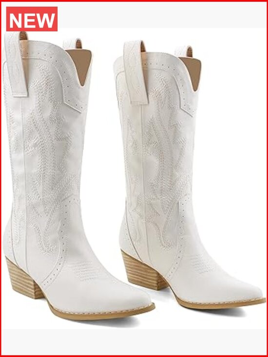 Shoes - Mid-calf Cowgirl Boots | Pointy Toe | Embroidered | Chunky Heels | Pull-On
